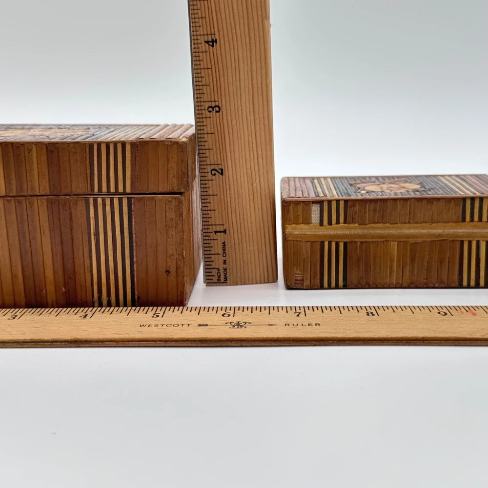 Vintage Trinket Box Set 2pc Straw Marquetry Rose Floral Brown Wood Jewelry Case